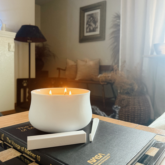 A white candle with three flames sitting on a stack of books in a cozy living room setting.