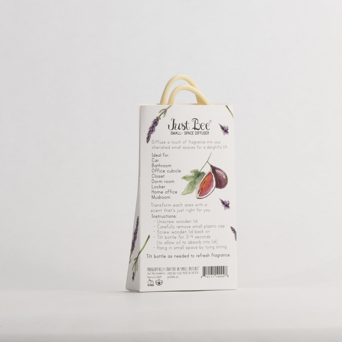 Just Bee Lavender Fig Small-Space Hanging Diffuser, angled back of the pack with a fig, lavender and usage details.