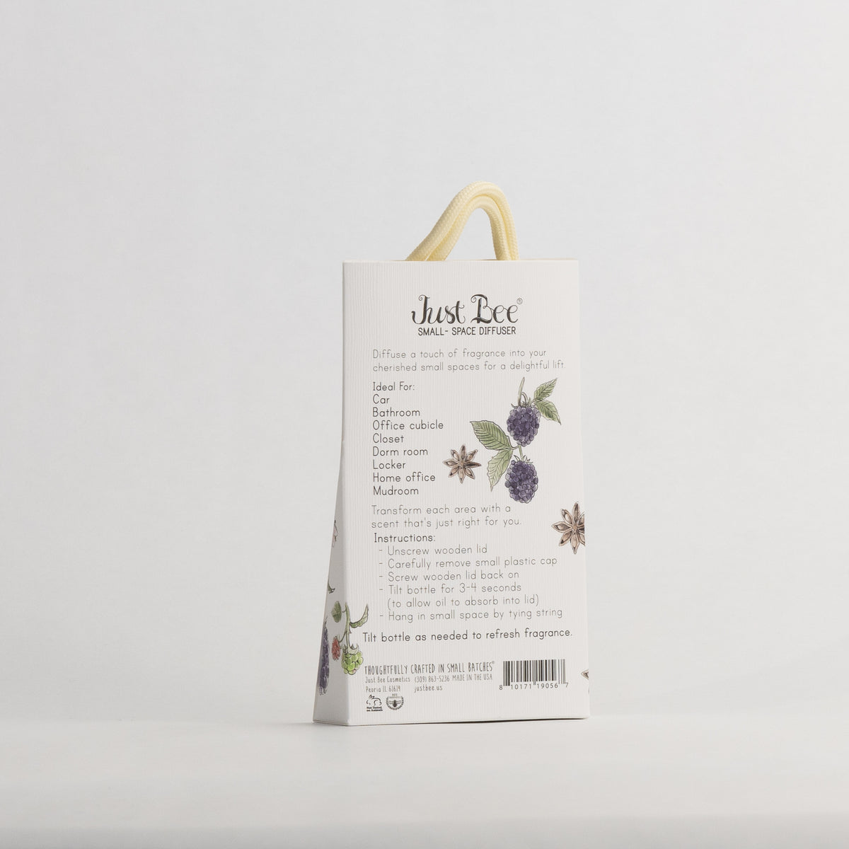Just Bee Blackberry Anise Small-Space Hanging Diffuser, angled back of the pack with star anise and blackberries.