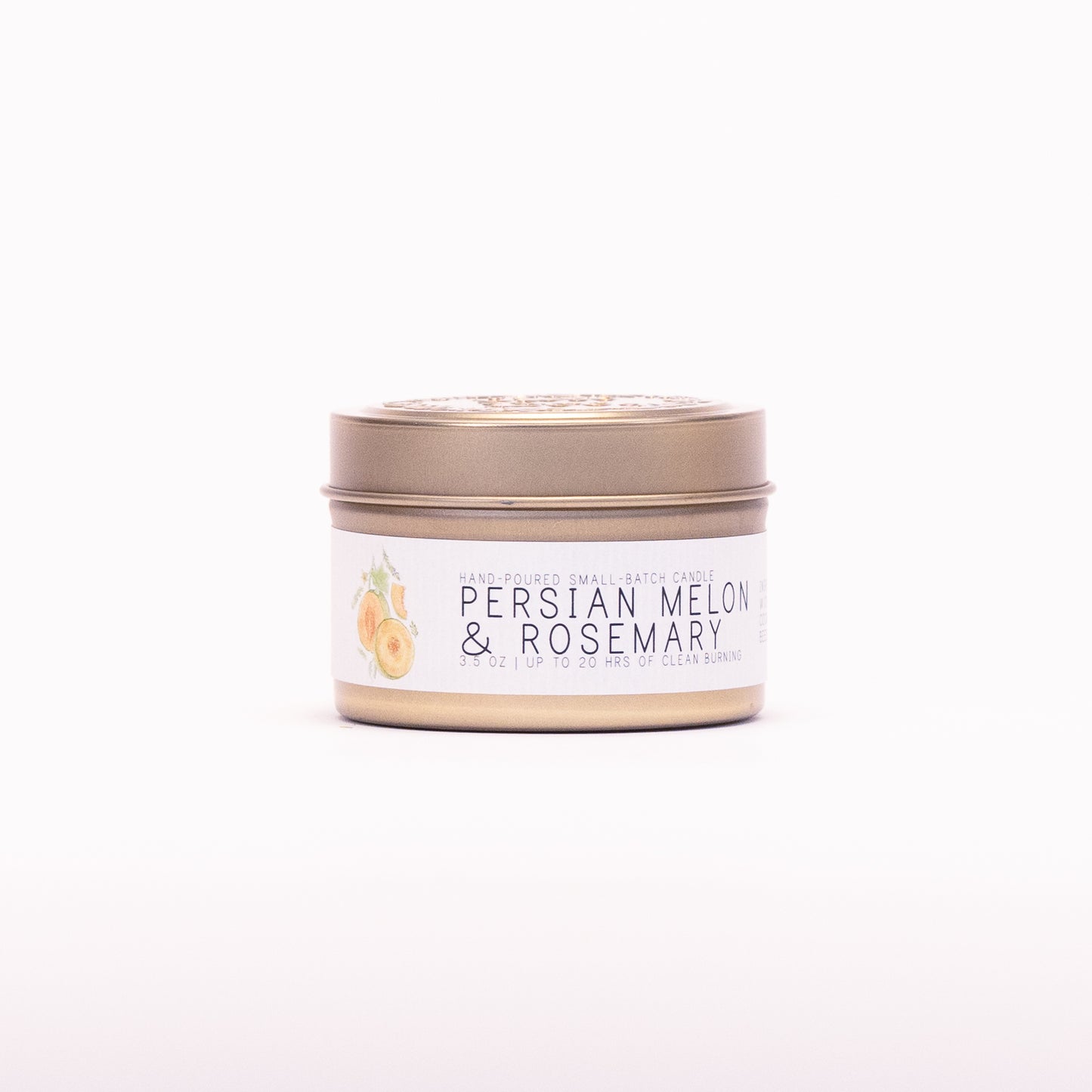 Just Bee Persian Melon & Rosemary candle in a closed gold travel tin, melon label facing forward.