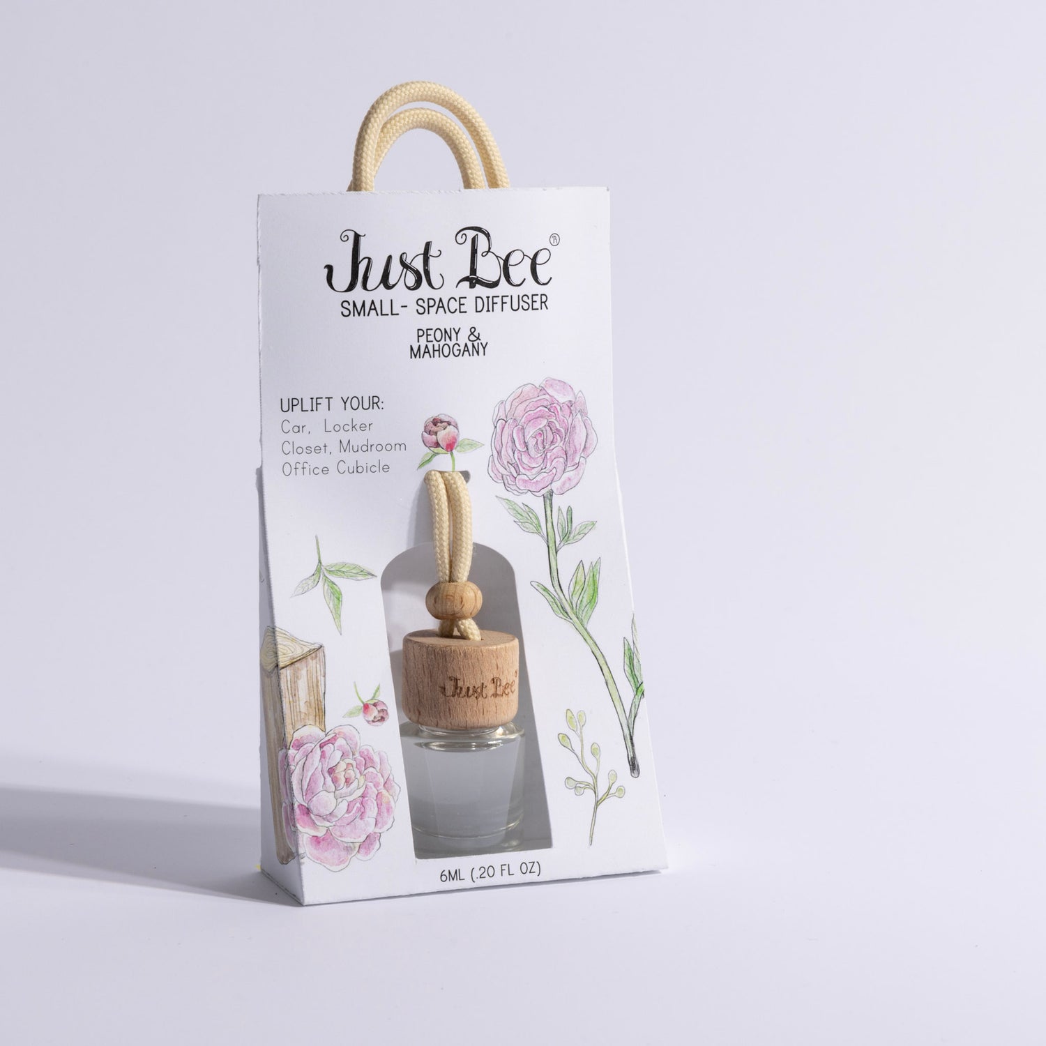 Just Bee Small-Space Hanging Diffuser gift bag labeled Peony & Mahogany with floral illustration packaging, slightly different angle.