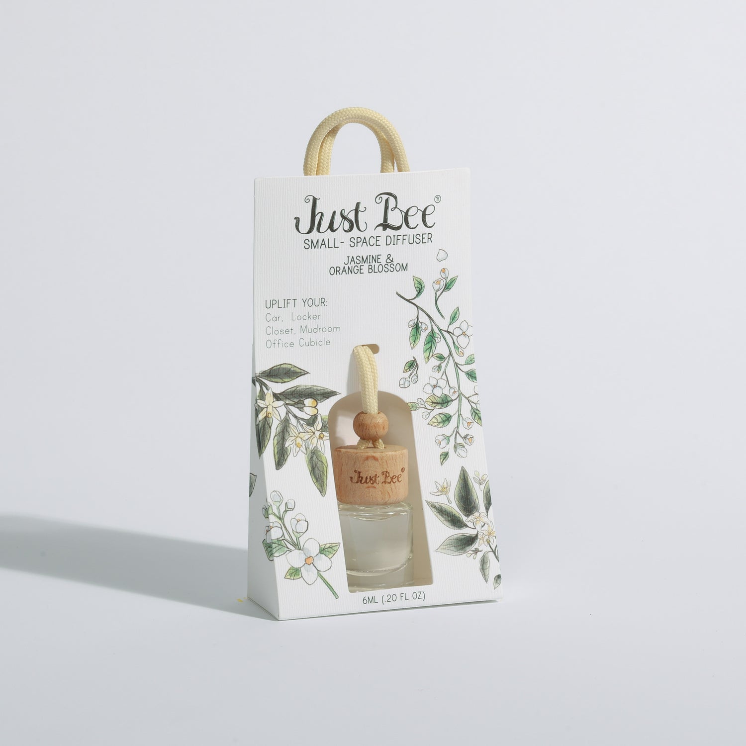Just Bee Small-Space Hanging Diffuser gift bag labeled Jasmine & Orange Blossom with floral design, slightly different angle.