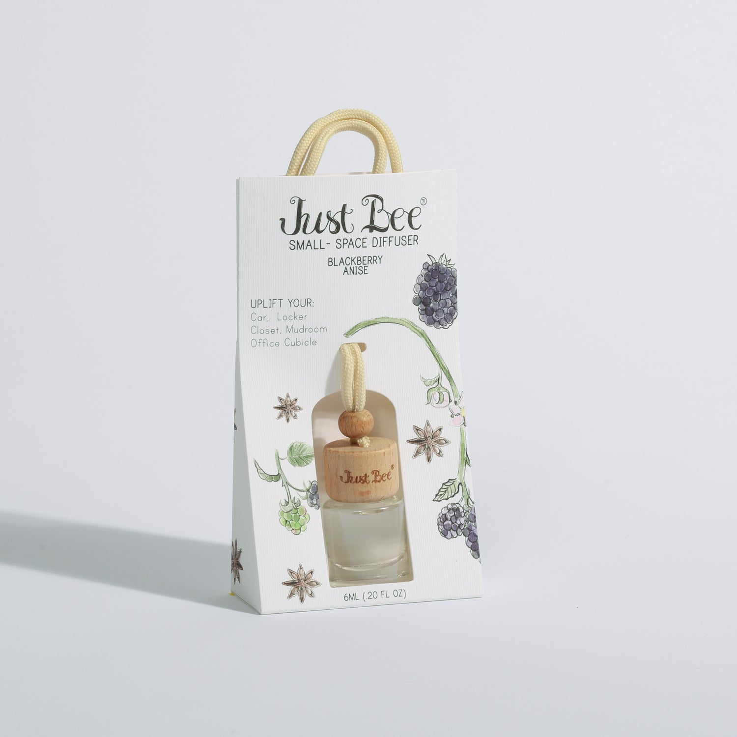 Just Bee Small-Space Hanging Diffuser gift bag labeled Blackberry Anise with floral design, slightly different angle.