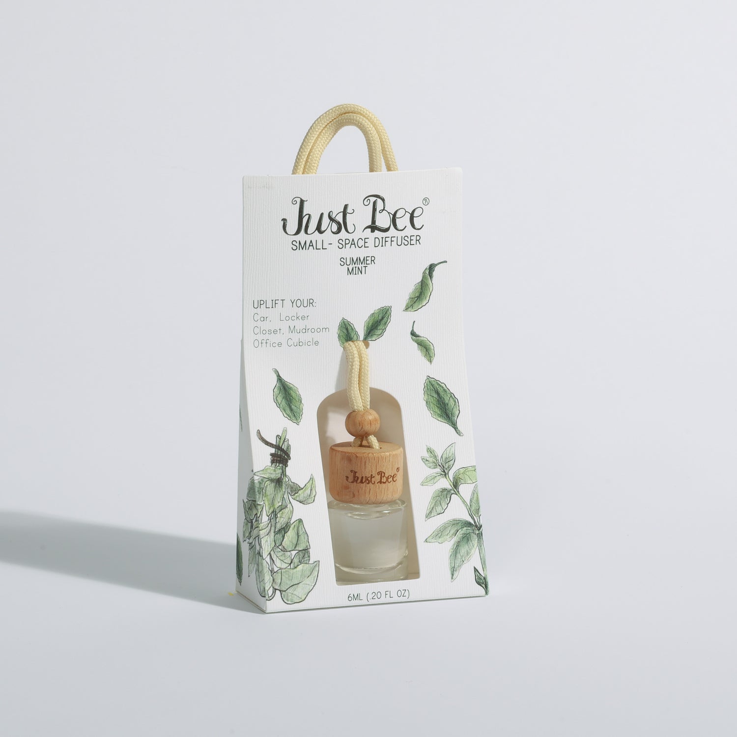 Just Bee Small-Space Hanging Diffuser gift bag in Summer Mint scent, featuring a natural leaf design and hanging cord handle.