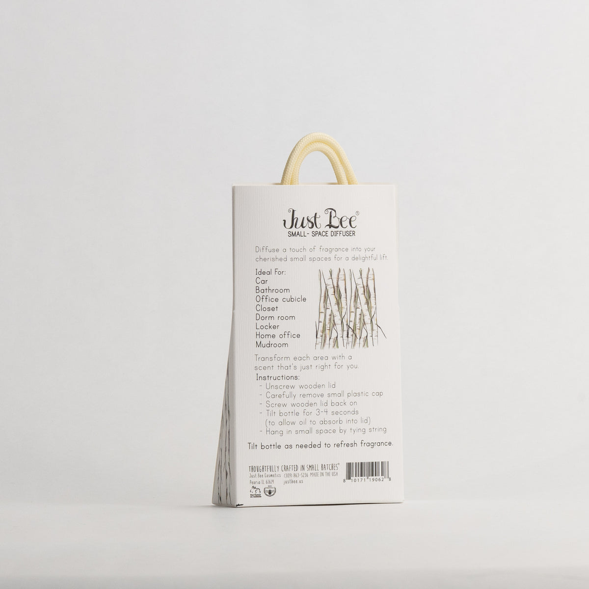 Just Bee White Birch Small-Space Hanging Diffuser, angled back of the pack with birch branches and usage details.