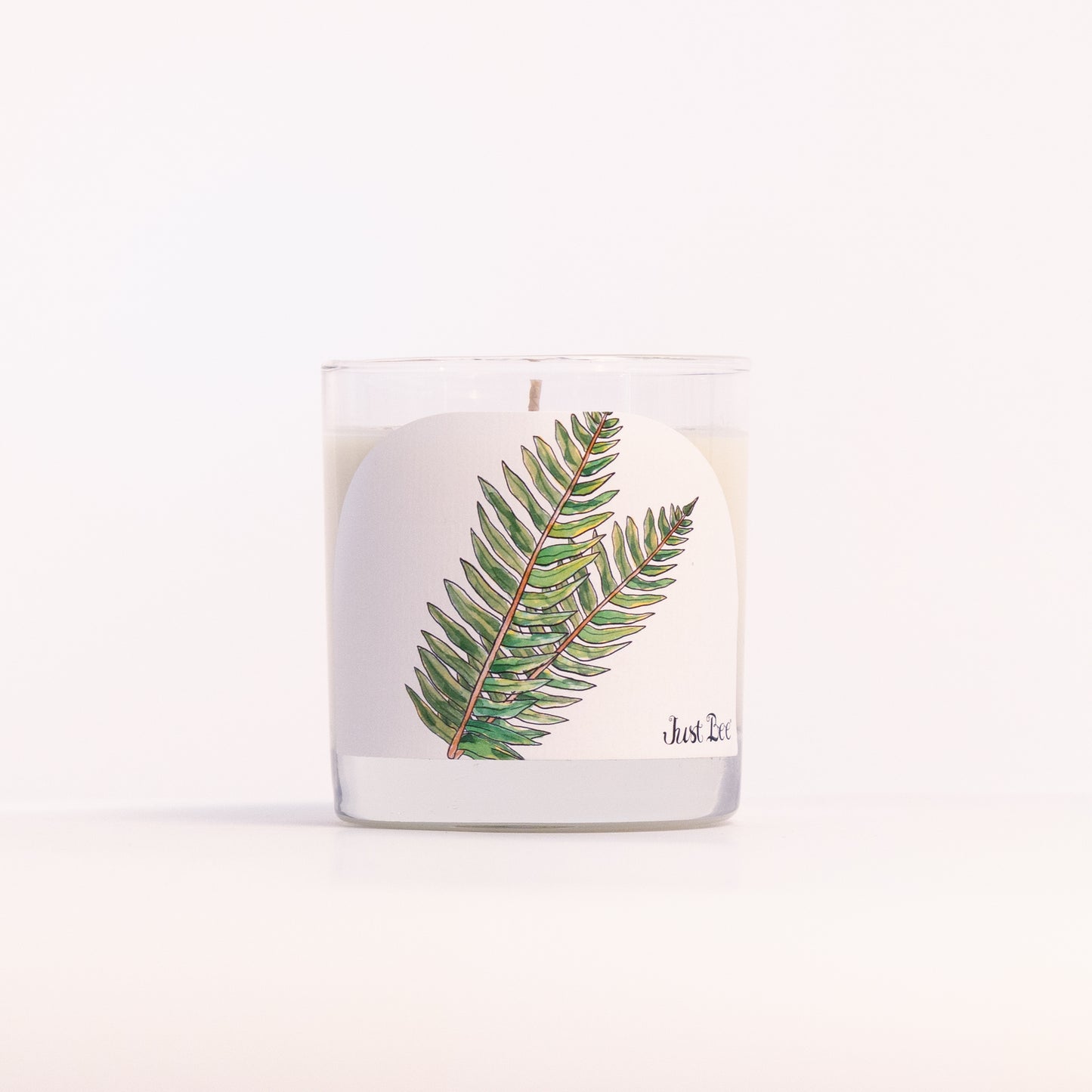 Just Bee Sandalwood Fern candle in a clear glass jar, fern label facing forward in a closer view.