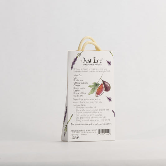 Just Bee Lavender Fig Small-Space Hanging Diffuser, angled back of the pack with a fig, lavender and usage details.
