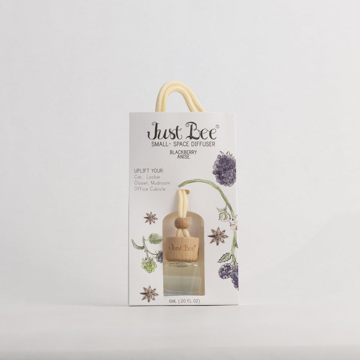 Just Bee Blackberry Anise Small-Space Hanging Diffuser, pack front painted with blackberries and star anise.