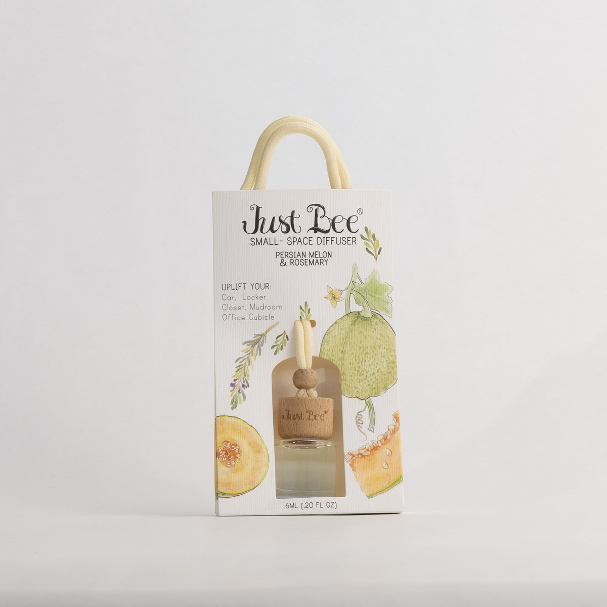 Just Bee Persian Melon & Rosemary Small-Space Hanging Diffuser, pack front painted with a melon on the vine.