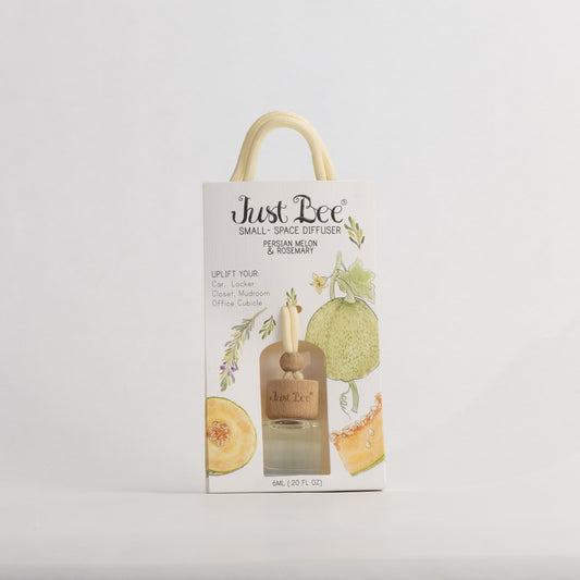 Just Bee Persian Melon & Rosemary Small-Space Hanging Diffuser, pack front painted with a melon on the vine.