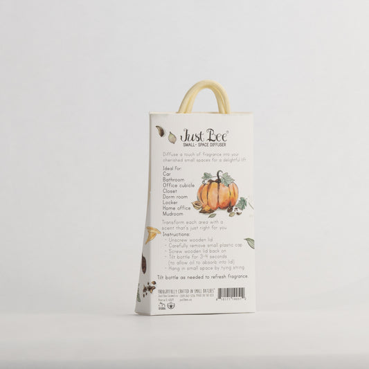 Just Bee Spiced Pumpkin Small-Space Hanging Diffuser, angled back of the pack with a pumpkin and usage details.