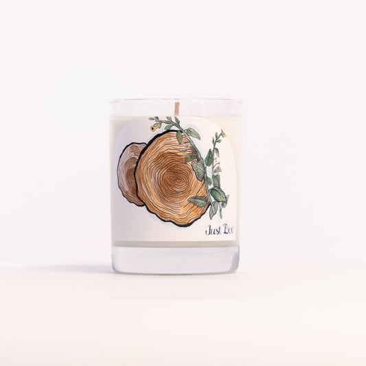 Just Bee Teakwood Tobacco candle in a clear glass jar illustrated with a cut wood slice and eucalyptus.