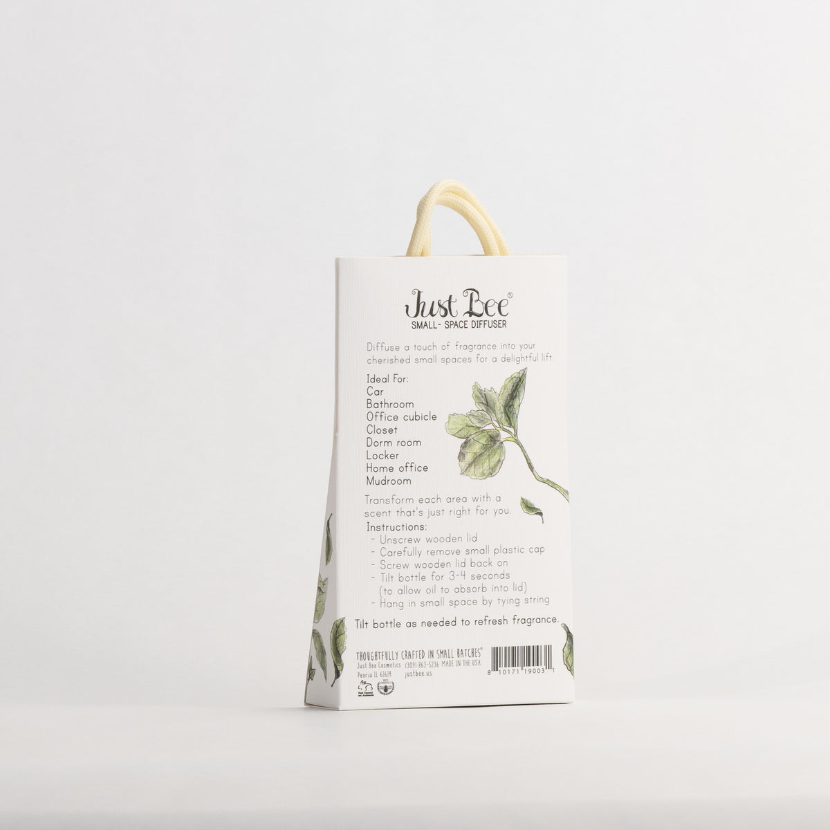 Just Bee Summer Mint Small-Space Hanging Diffuser, angled back of the pack showing a mint sprig and usage details.
