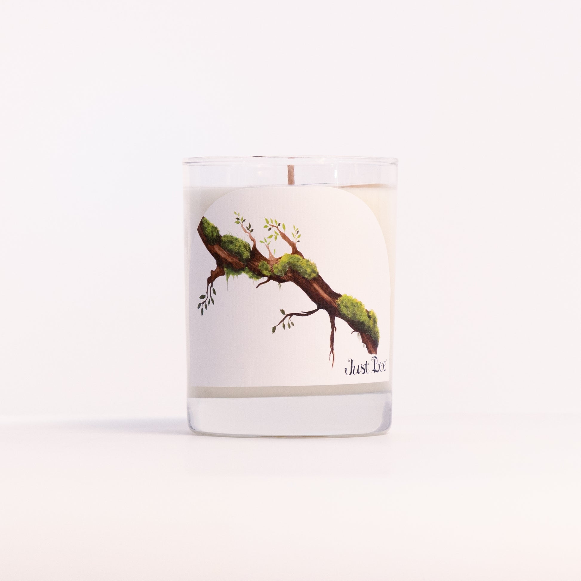 Just Bee Guaiac Wood & Moss candle in a clear glass jar illustrated with a moss-covered branch.