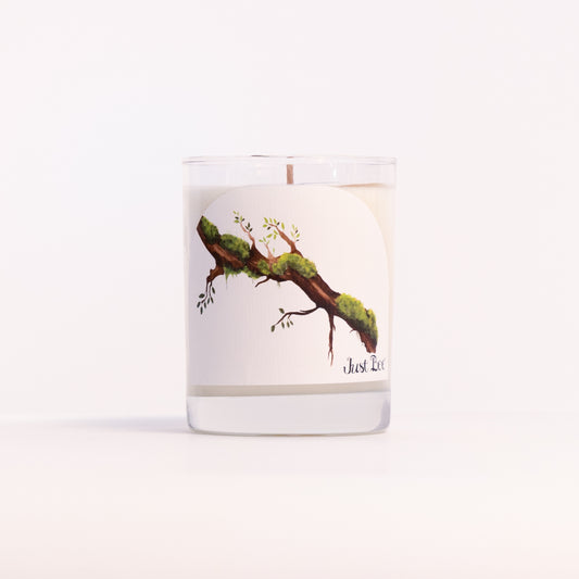 Just Bee Guaiac Wood & Moss candle in a clear glass jar illustrated with a moss-covered branch.
