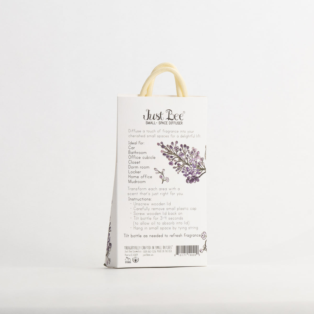 Just Bee Lilac Small-Space Hanging Diffuser, back of the pack at an angle, showing lilac sprigs, uses and instructions.
