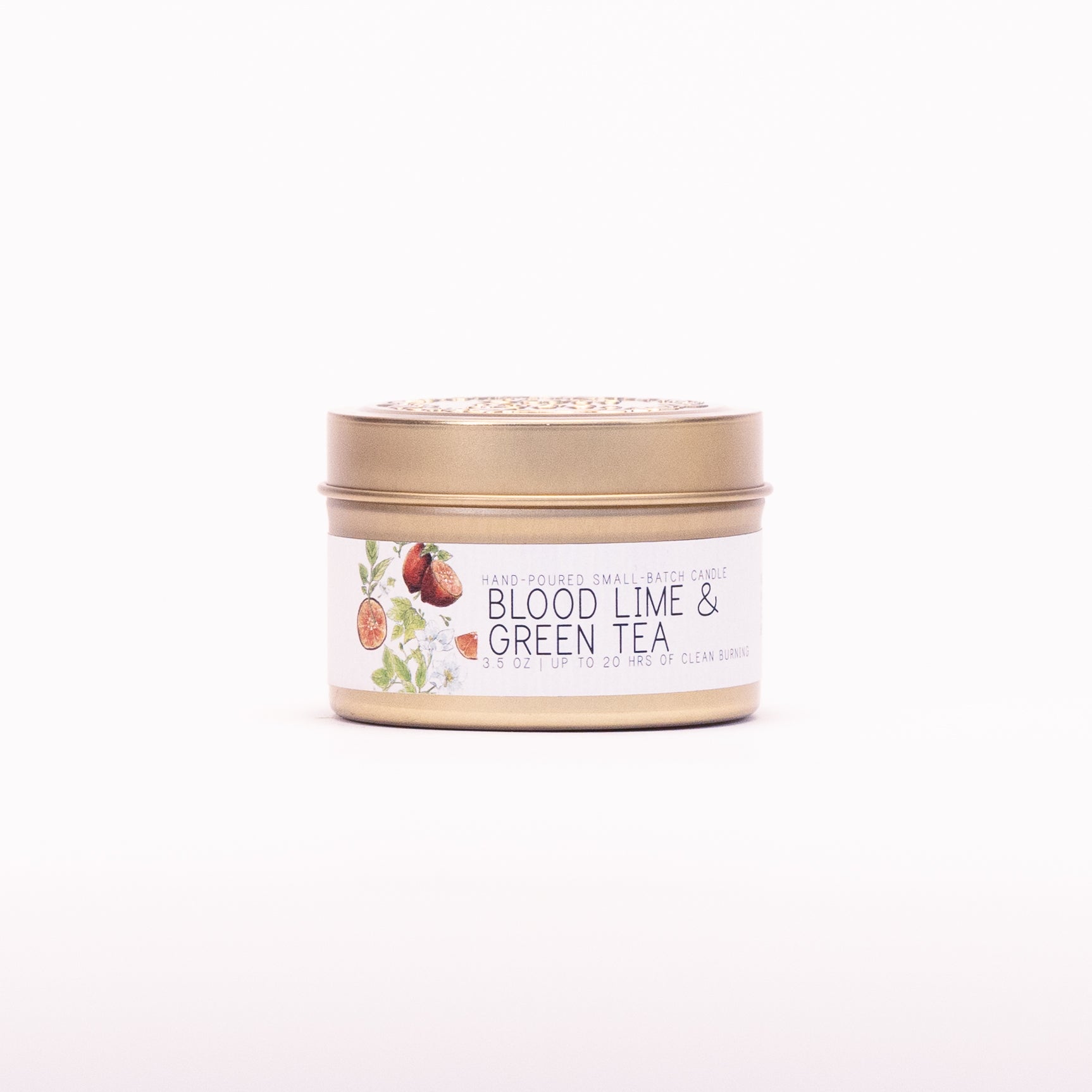 Just Bee Blood Lime & Green Tea candle in a closed gold travel tin, blood lime label facing forward.