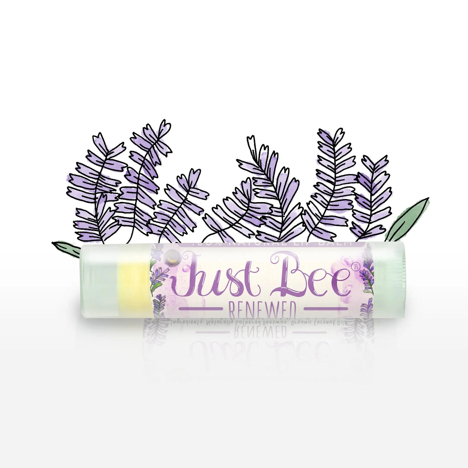 A lip balm tube labeled 'Just Bee Renewed' with a lavender and leaf illustration in the background.